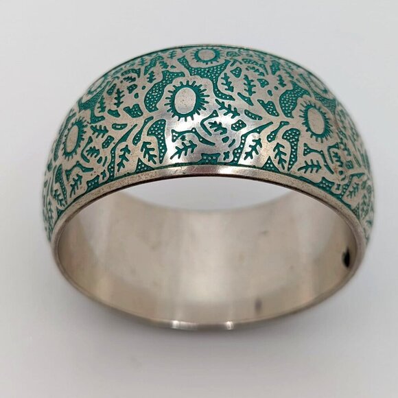 Silver Plated Engraved in Blue Design Bangle Bracelet Aqua Vintage 7.5" - Picture 2 of 8